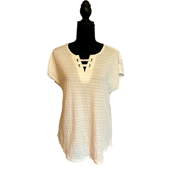 NWT Retrology White Lattice Neck Dolman Sleeve Gauzy Shirt Size M - Picture 1 of 3